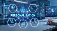 Digital personalization concept with hexagonal icons showing AI brain, analytics and customer data in modern tech office environment for marketing solutions.