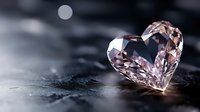 Heart shaped pink diamond on dark textured surface with soft lighting and bokeh effect creates romantic luxury jewelry composition for valentines and engagement themes.