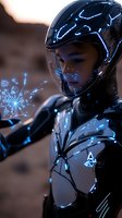 Young Asian woman in futuristic black armor suit with glowing blue circuit patterns and helmet, holding luminescent holographic interface in dark setting.