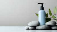 Minimalist spa composition with light blue cosmetic pump bottle on zen stones and green leaves against neutral gray background. Wellness concept.