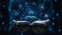 Hands holding open book with glowing brain and digital network icons representing knowledge, education technology, artificial intelligence and learning concepts.