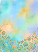 Watercolor gradient background with soft pastel colors transitioning from turquoise and yellow to lavender, featuring decorative golden floral and botanical elements along bottom border for design projects.