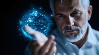 Mature Caucasian businessman with gray beard holding glowing digital sphere with binary code. Futuristic technology concept showing virtual data visualization.