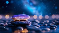 Zen stones stacked on wet pebbles with magical blue bokeh lights and sparkles in dark background creating peaceful spa atmosphere.