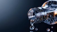 Water drops falling from plastic bottle neck in dramatic lighting against dark background, macro photography with selective focus and bokeh effect.