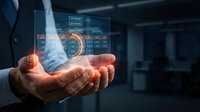 Businessman hands holding futuristic holographic interface with digital data analytics dashboard and glowing orange circular elements in modern office.