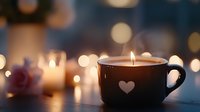 Romantic coffee cup with heart symbol and glowing candle creating cozy atmosphere with soft bokeh lights in dark background. Perfect for Valentine's day designs.