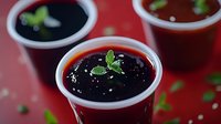 Fresh dark berry jelly dessert garnished with mint leaves in plastic cups on red background, selective focus on sweet homemade pudding.