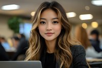 Young Asian businesswoman with long wavy hair smiling confidently in modern office environment for corporate and professional marketing materials.