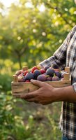 Farmer holding wooden crate filled with fresh figs and strawberries in orchard garden. Male agricultural worker harvesting ripe fruit outdoors.