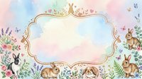 Young rabbits and hares surrounded by wildflowers and botanical elements in soft pastel watercolor style, featuring ornate gold frame border on cream background.