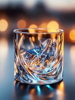 Empty crystal whiskey glass with diagonal cut pattern reflecting warm bokeh lights and cool blue tones, creating luxurious ambiance for beverage photography.