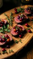 Grilled beef steak slices with cranberry sauce and fresh herbs on wooden cutting board for gourmet dining and holiday entertaining.