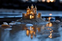 Illuminated sand castle on beach at dusk with glowing windows and towers reflecting in water, creating magical atmosphere for fairy tale and fantasy designs.