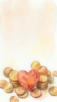 Watercolor red heart surrounded by gold coins on soft beige background, symbolizing love of money, charity, financial giving, and wealth concepts.