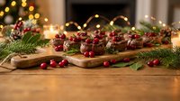 Festive holiday table setting with cranberries, pine branches and warm lights creating cozy Christmas atmosphere for seasonal celebrations and gatherings.