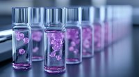 Glass vials containing pink liquid and floating particles arranged in row on dark surface, scientific laboratory research concept for medical studies.