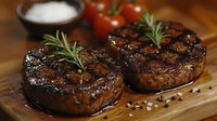 Grilled beef tenderloin steaks garnished with fresh rosemary sprigs and cherry tomatoes on wooden cutting board, served with sea salt and black peppercorns.