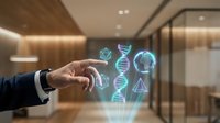 Businessman hand touching glowing DNA helix and molecular structures in modern office environment, representing biotechnology, genetic research, and scientific innovation in healthcare and medicine.