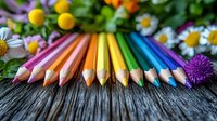 Vibrant rainbow colored pencils arranged in spectrum order on rustic wooden surface with fresh spring flowers and daisies creating artistic composition.