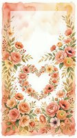 Watercolor floral frame with heart shape, peach and coral roses, poppies, green leaves, vintage botanical border for wedding cards.