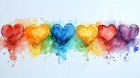 Rainbow colored hearts in watercolor style with paint splatter effects create vibrant horizontal composition on white background, suitable for greeting cards and celebrations.
