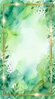 Watercolor green foliage frame with gold border and botanical elements on white background, isolated for invitations, cards, and design projects.