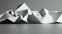 Abstract geometric paper sculpture with angular white pyramids and triangular forms creating dramatic shadows on neutral background for modern design.