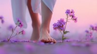 Bare feet walking among delicate purple wildflowers at sunset, creating dreamy atmosphere with soft pink sky and gentle nature connection moment.