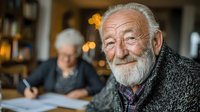 Senior Caucasian man with white beard smiling warmly in cozy home setting with elderly woman in background. Retirement lifestyle and aging gracefully concept.
