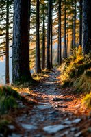 Sunlit forest path winding through tall pine trees with golden autumn light filtering through, creating a tranquil wilderness hiking trail.