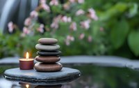Balanced zen stones stack with glowing candle on slate stone against blurred pink flowers background creates peaceful spa atmosphere.