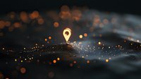 Glowing location pin marker floating above dark surface with scattered golden bokeh lights and waves creating magical atmosphere for navigation concepts.