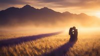 Romantic couple silhouette embracing in golden wheat field at sunset with mountain backdrop creating warm atmospheric landscape for wedding concepts.