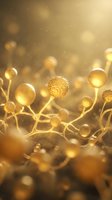 Golden molecular structure with spheres and connecting bonds in warm bokeh light for scientific research and biotechnology presentations.