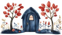 Whimsical cottage entrance with arched wooden door, flanked by autumn trees with red foliage and wildflowers. Isolated design element for children's illustrations, storybook art, and creative projects.