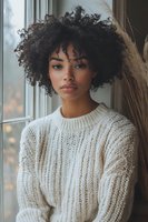 Young African American woman with natural curly hair wearing cream knit sweater poses near window with pampas grass, soft natural lighting creates cozy autumn mood.