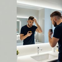 Young bearded man applying hair styling product in modern bathroom mirror reflection. Morning grooming routine and male personal care concept.