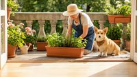 Senior woman in straw hat and apron tending herbs on sunny balcony garden beside a corgi dog, surrounded by potted plants.