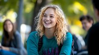 Young Caucasian woman with curly blonde hair wearing teal sweater laughing outdoors on sunny day, expressing genuine joy and happiness with natural smile.