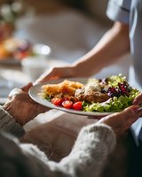 Caregiver serving nutritious meal to elderly person with meat, fresh vegetables and potatoes, showcasing home care and healthy eating for seniors.