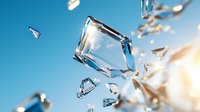 Sparkling crystal clear ice cubes falling and shattering against bright blue sky background with sunlight flare creating dynamic frozen motion effect.