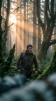 Middle-aged male hiker exploring misty forest with moss-covered trees and golden sunlight filtering through canopy. Adventure and outdoor exploration concept.