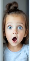Young girl with bright blue eyes and surprised expression showing wonder and amazement, mouth open in astonishment, wearing light blue top, close-up portrait.
