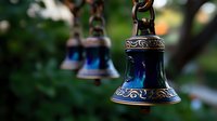 Ornate blue ceramic bell with decorative silver patterns hanging outdoors, traditional craftsmanship with intricate metalwork details for spiritual meditation.