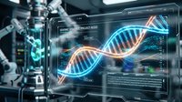 Futuristic holographic DNA double helix display on transparent screen in advanced laboratory with robotic equipment for genetic research and biotechnology applications.