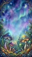 Enchanted forest floor with glowing mushrooms, magical plants, and aurora borealis sky with moon and stars, fantasy woodland scene for mystical designs.