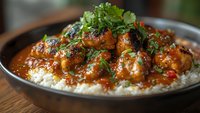Spicy chicken curry with tender meat pieces served over steamed white rice, garnished with fresh cilantro and chili flakes in dark ceramic bowl.