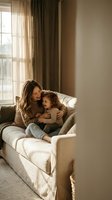 Young mother and toddler daughter cuddling on living room sofa in warm natural sunlight creating intimate family bonding moment at home.