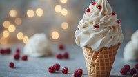 Creamy vanilla ice cream swirled in waffle cone with fresh raspberries scattered around, golden bokeh lights creating magical dessert atmosphere.